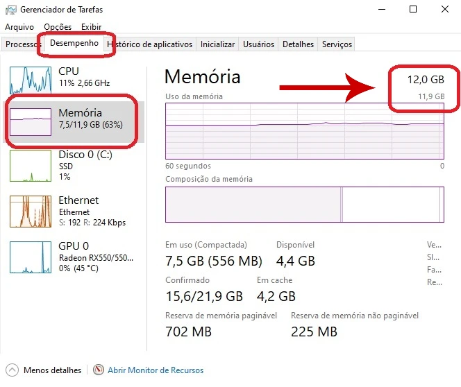 Gerenciador de Tarefas do PC Windows Memória