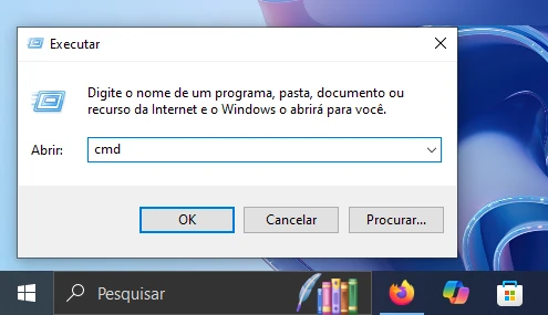 Abrindo o CMD pelo comando Executar (Windows + R)