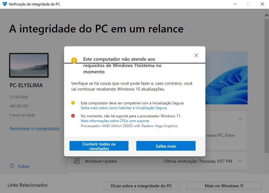 A integridade do PC se atende os requisitos do Windows 11