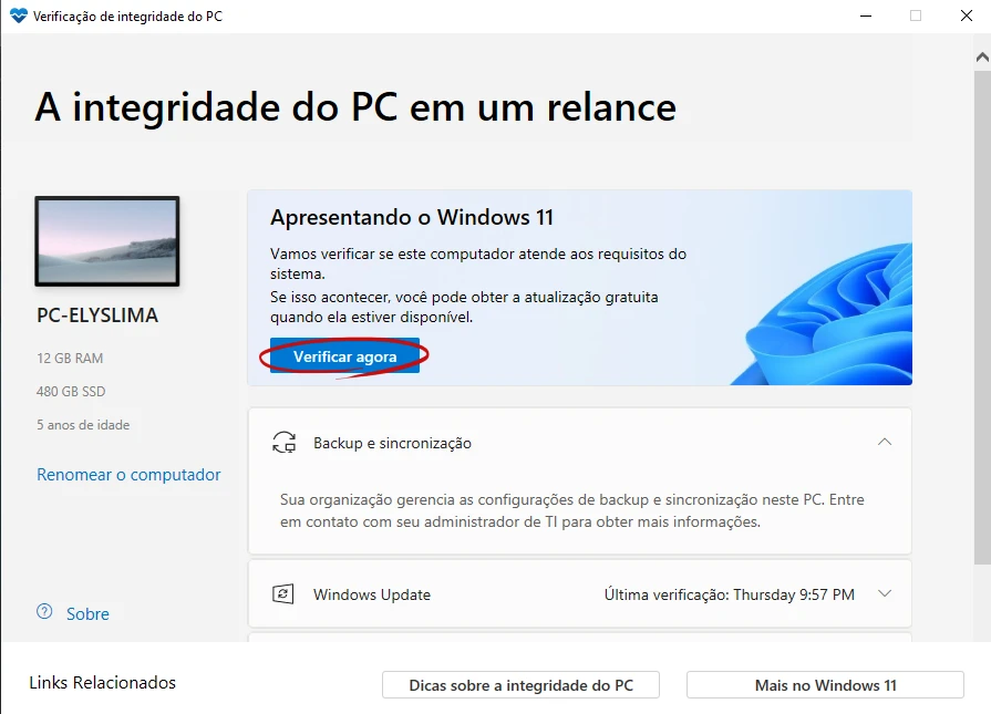 A integridade do PC se atende os requisitos do Windows 11